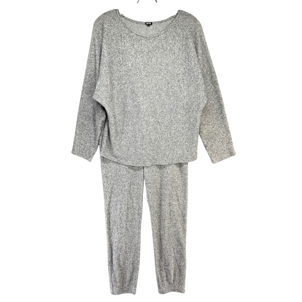Monrow Waffle Knit Thermal Lounge Set Dolman Top & Jogger Pant Women L Gray Cozy